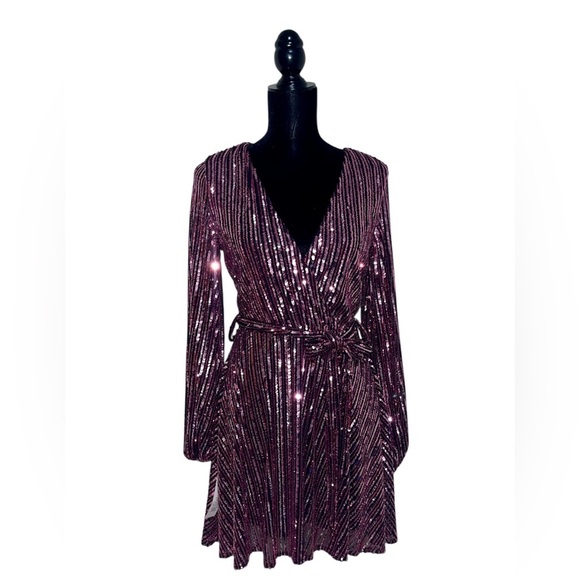 Bardot Long Sleeve Multi Pink Sequin Belted Party Dress Size S - Picture 8 of 13